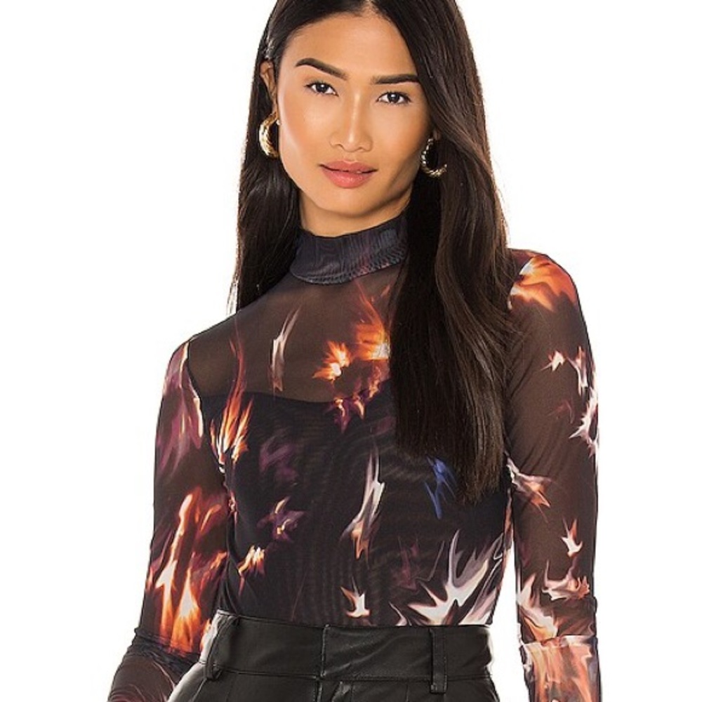 NWT AllSaints Black Long Sleeve Flames ELIA Mesh Bodysuit Semi-Sheer Size 8